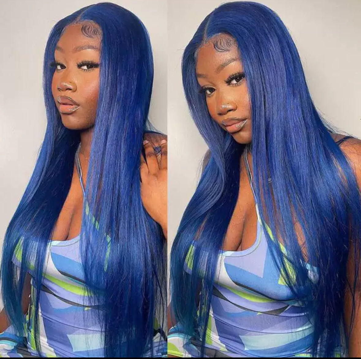 Perruque Longue Lisse – Bleu Électrique | Lace Front Wig Cheveux Humains