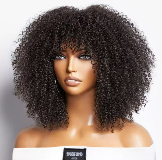Perruque Afro Kinky Curly avec Frange – 100% Cheveux Naturels – Haute Densité 300%