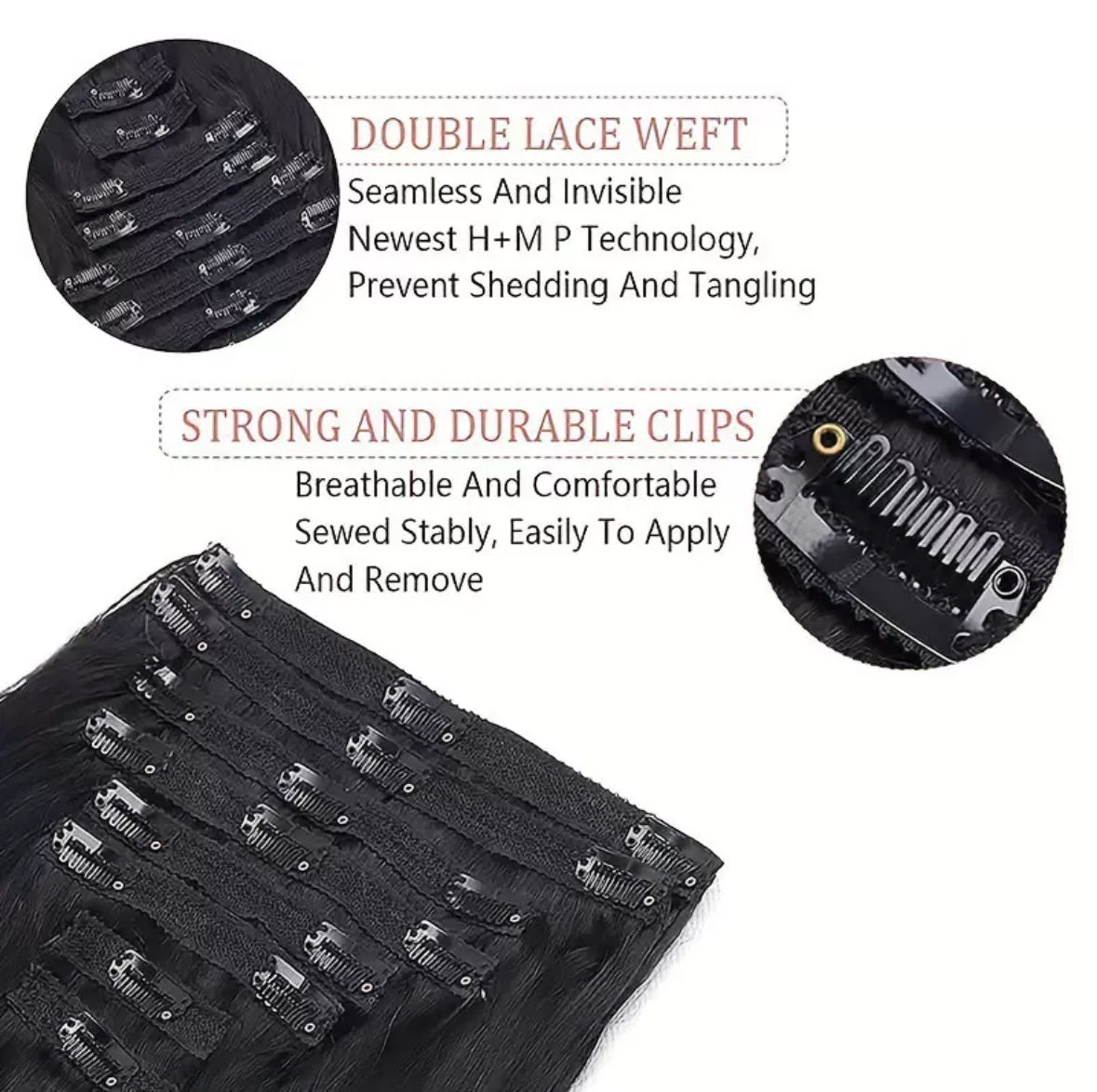 Extensions à Clips Cheveux Lisses Noirs – 8 Pièces – 100% Cheveux Humains Naturels