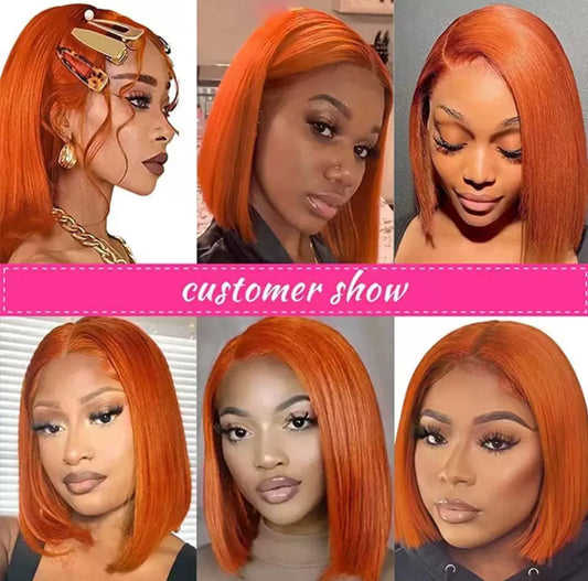Perruque Bob Orange Fluo 100% Cheveux Naturels – Lace Front 13x4