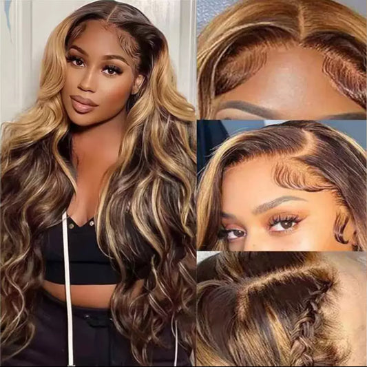 Perruque Body Wave P4/30 – Longue – 100% Cheveux Naturels – Couleur Balayage Miel