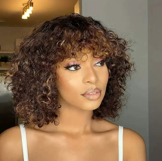 Perruque Bob Bouclée – 100% Cheveux Humains | Volume & Élégance – 12 pouces