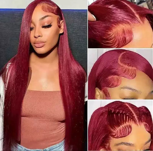 Perruque Lace Front 13x4 – Couleur 99J Bordeaux | Cheveux 100% Humains Lisses