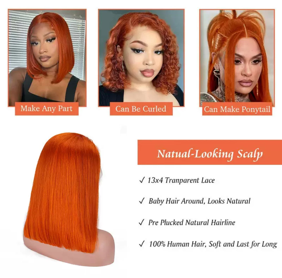 Perruque Bob Orange Fluo 100% Cheveux Naturels – Lace Front 13x4