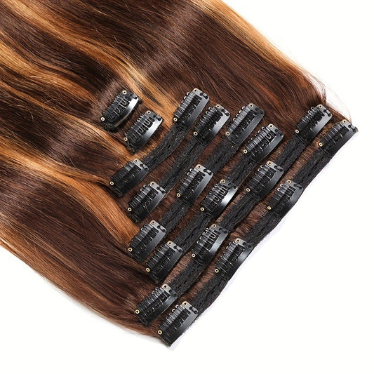ShaiHair™ Extensions à Clip Droites 8 Pièces – Couleur Piano P4/27 – Cheveux Humains Naturels