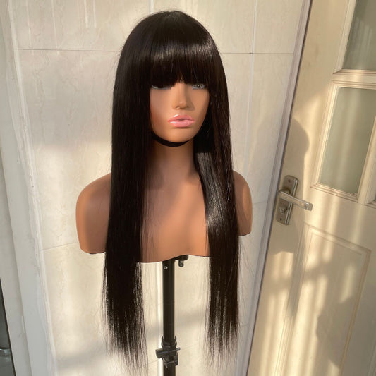 Perruque Longue Noire avec Frange – 100% Cheveux Humains – Prête à Porter