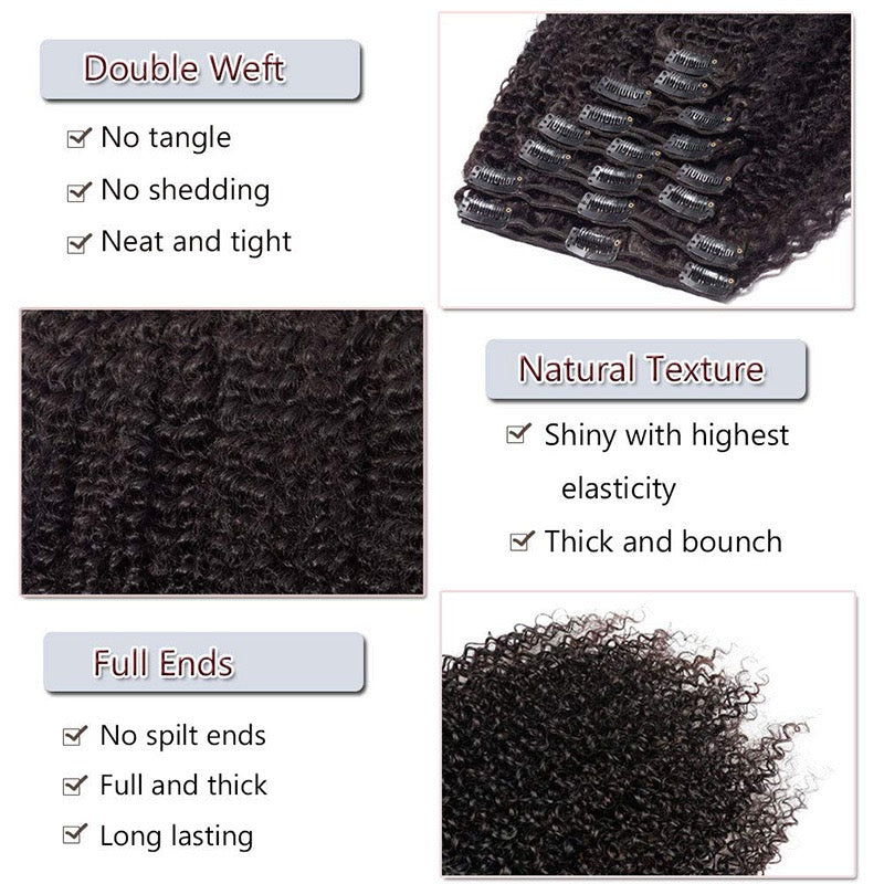 Extensions Afro à Clips – 100% Cheveux Humains Naturels – 8 Set