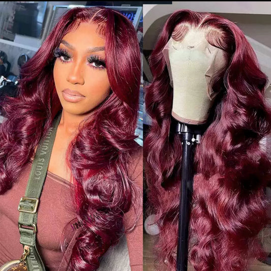 Perruque Lace Front 13x4 – Bordeaux Ondulé Long 100% Cheveux Humains