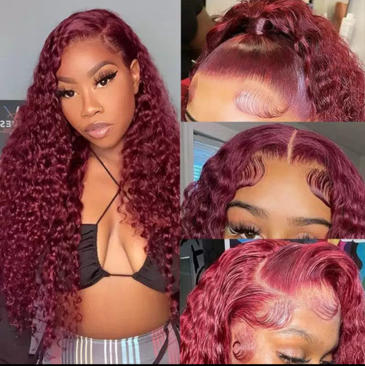 13x4 Burgundy Deep Wave Lace Front Wig – 99J Human Hair