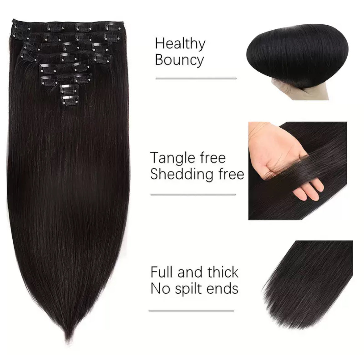 Extensions à Clips Cheveux Lisses Noirs – 8 Pièces – 100% Cheveux Humains Naturels