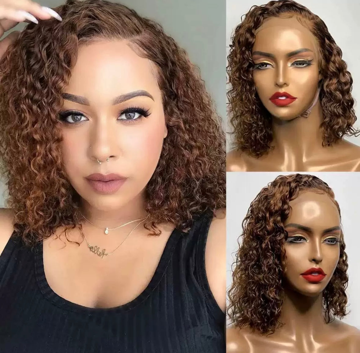 Perruque Bob Bouclée 4# - Deep Curly 4x4 Closure Sans Colle, 200% Densité | ShaiHair