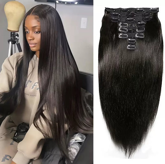 Extensions à Clips Cheveux Lisses Noirs – 8 Pièces – 100% Cheveux Humains Naturels
