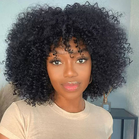 Perruque Afro Kinky Curly avec Frange – 100% Cheveux Naturels – Haute Densité 300%