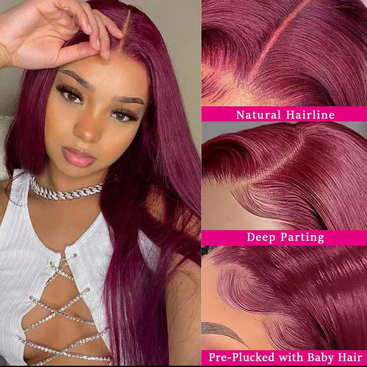 Perruque Lace Front 13x4 – Couleur 99J Bordeaux | Cheveux 100% Humains Lisses