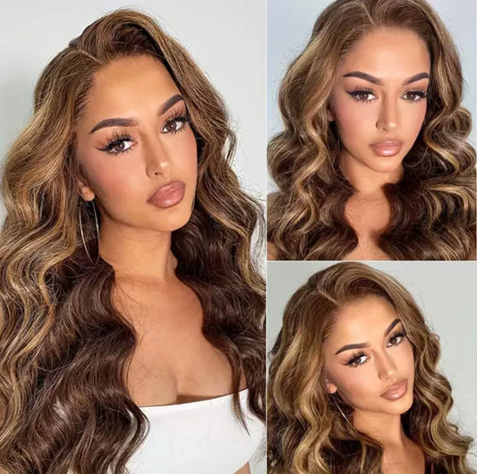 Perruque Body Wave P4/30 – Longue – 100% Cheveux Naturels – Couleur Balayage Miel