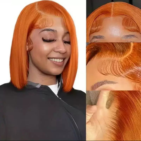 Perruque Bob Orange Fluo 100% Cheveux Naturels – Lace Front 13x4