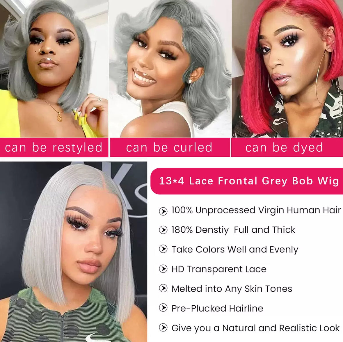 Perruque Bob Grise 13x4 – Lace Front 100% Cheveux Humains