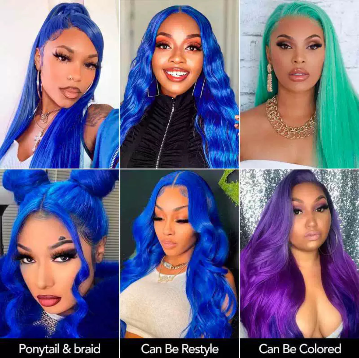 Perruque Longue Lisse – Bleu Électrique | Lace Front Wig Cheveux Humains