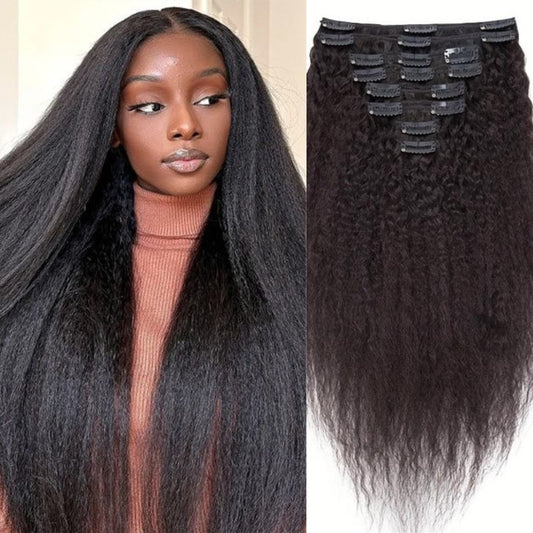 ShaiHair™ Extensions à Clip Yaki Straight 8 Pièces – Cheveux Humains Naturels Noirs