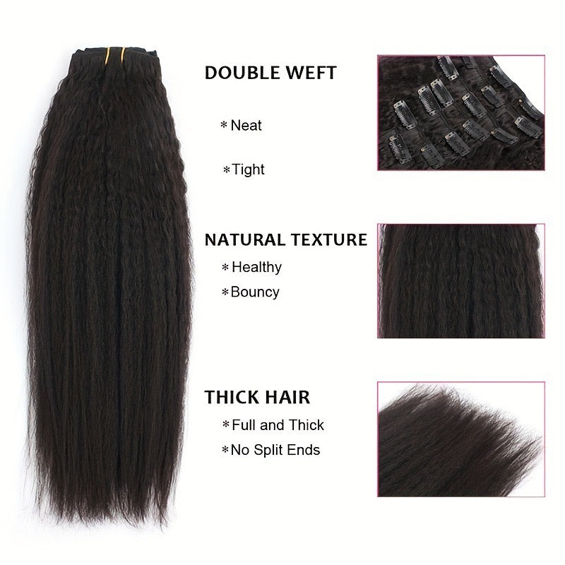ShaiHair™ Extensions à Clip Yaki Straight 8 Pièces – Cheveux Humains Naturels Noirs