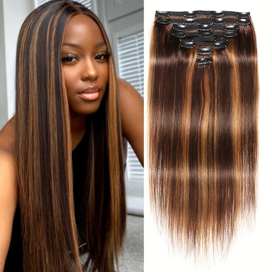 ShaiHair™ Extensions à Clip Droites 8 Pièces – Couleur Piano P4/27 – Cheveux Humains Naturels