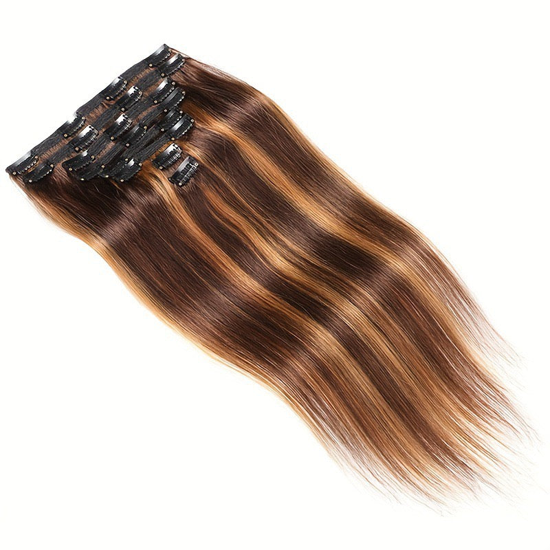 ShaiHair™ Extensions à Clip Droites 8 Pièces – Couleur Piano P4/27 – Cheveux Humains Naturels