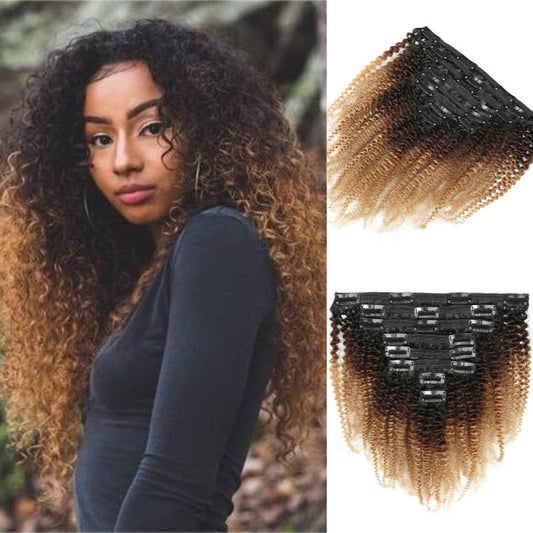 Extensions à Clips Afro Kinky Curly – Couleur T1B/4/27 – 100% Cheveux Humains Naturels