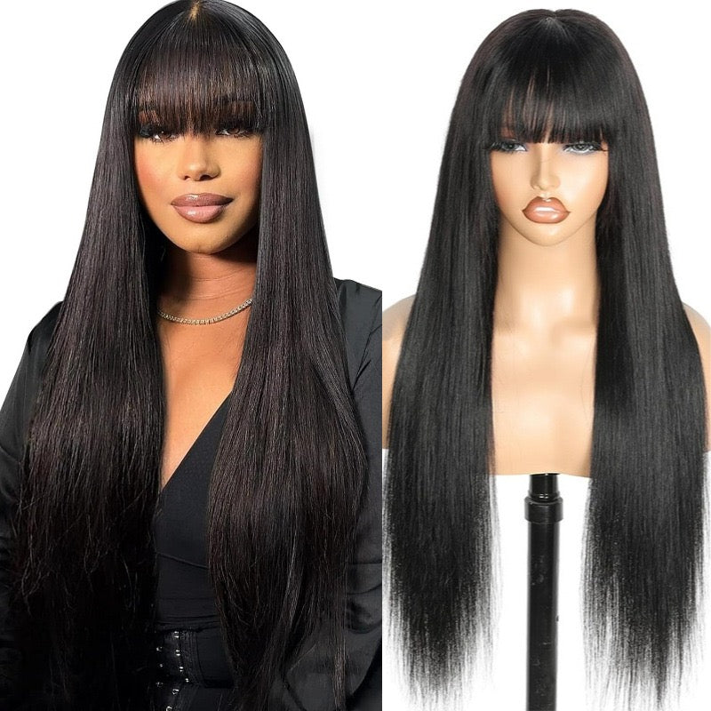 Perruque Longue Noire avec Frange – 100% Cheveux Humains – Prête à Porter