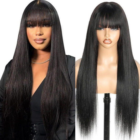 Perruque Longue Noire avec Frange – 100% Cheveux Humains – Prête à Porter